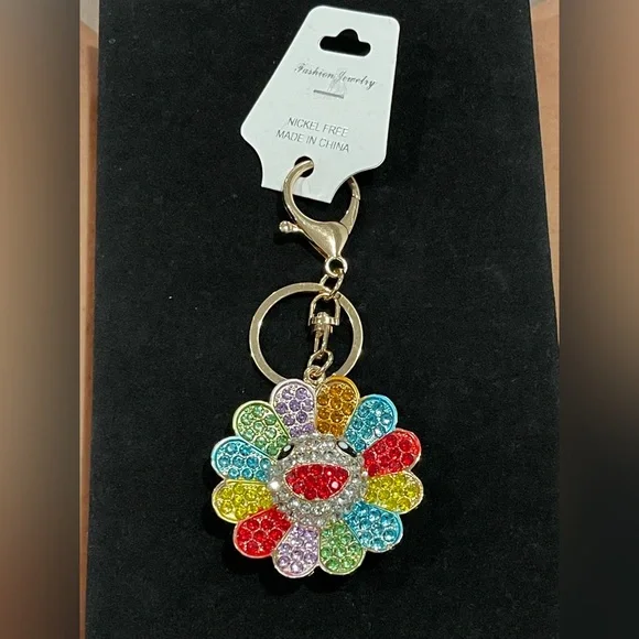 Gold-Tone Rainbow Crystal SunFlower Keychain Charm - Picture 3 of 5